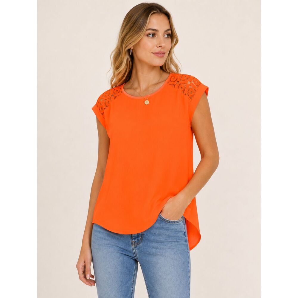 EM Women's S Neon Orange Crochet Lace Yoke Hi-Low Blouse Cap Sleeve